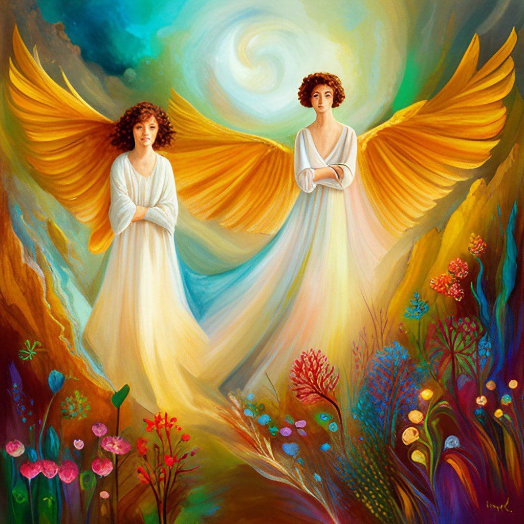 angels in a dream with a beautiful gold background